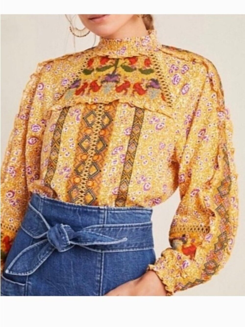 Maeve Goldie Embroidered Cotton Blouse Mustard Floral Boho Ruffle Top Size 12